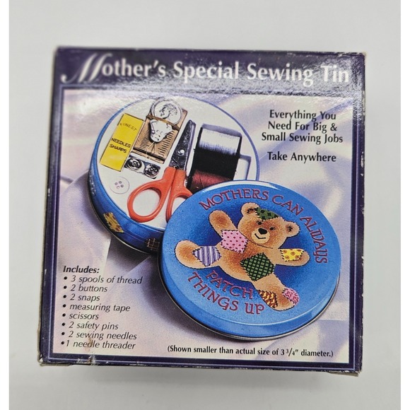 Mother's Special Sewing Tin Jackets & Blazers - Mother's Special Sewing Tin Portable Travel Kit Teddy Bear Blue Round NIB 3.75"